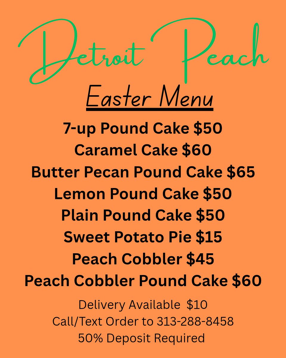 TheDetroitPeach's tweet photo. Your Easter won't be complete without a dessert from Detroit Peach! Call or text 313-288-8458 to place your order.
#Easter
#desserts
#detroitbaker
#homemade 
#deliveryavailable https://t.co/sSuWxO1hlb
