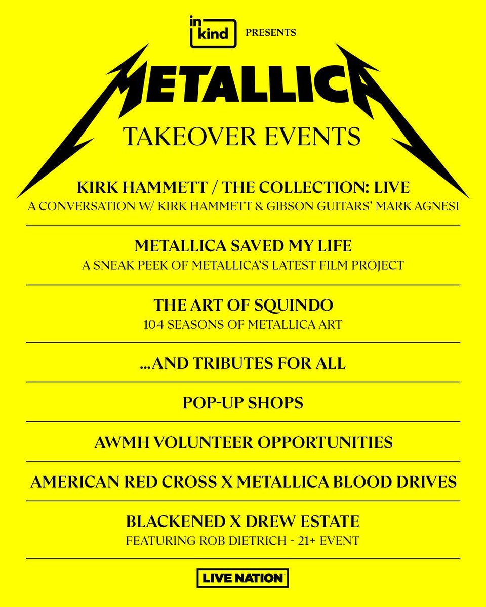 Metallica's tweet photo. We’re getting ready to fire up #M72 2025 in Syracuse next weekend, and as you’ve come to expect, we’re bringing more than just the shows to town!

New to the #M72 Takeover Schedule Are:
📚 @kirkhammett / The Collection: Live
📽️ A sneak peek of our new film, "Metallica Saved My Life"
🩸 @RedCross x Metallica Blood Drives #BleedingMe
🥃 @blckndwhsky x @drewestatecigar events with Rob Dietrich

Returning Favorites Include:
😈 An art event featuring the one and only @SQUINDO1
🎸 ...And Tributes For All gigs
💙 Food bank volunteering events with our @AWMHFoundation
🎳 A bowling party in Philly
🛍️ Pop-Up Shops where you can score new & exclusive #Metallica gear

Learn more ➡️ https://t.co/X5eOjvSDJl
