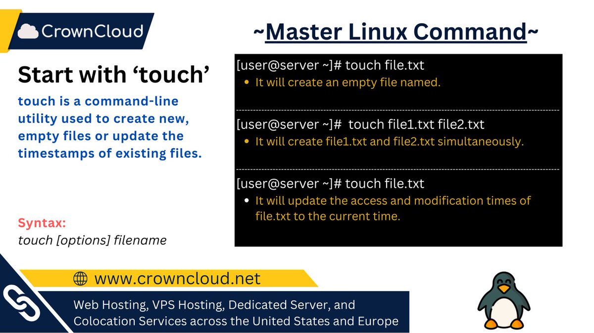 crownclouds's tweet image. Master Linux One Command at a Time - Manage Files Effortlessly: #touch - Create or Update File Timestamps

#LinuxBasics #LinuxForBeginners #CommandLineTips #FileManagement #TechEducation #LinuxLearners #SysAdmin #DevLife #devops # #SystemAdmin  #LinuxAdministrator #LinuxServer
