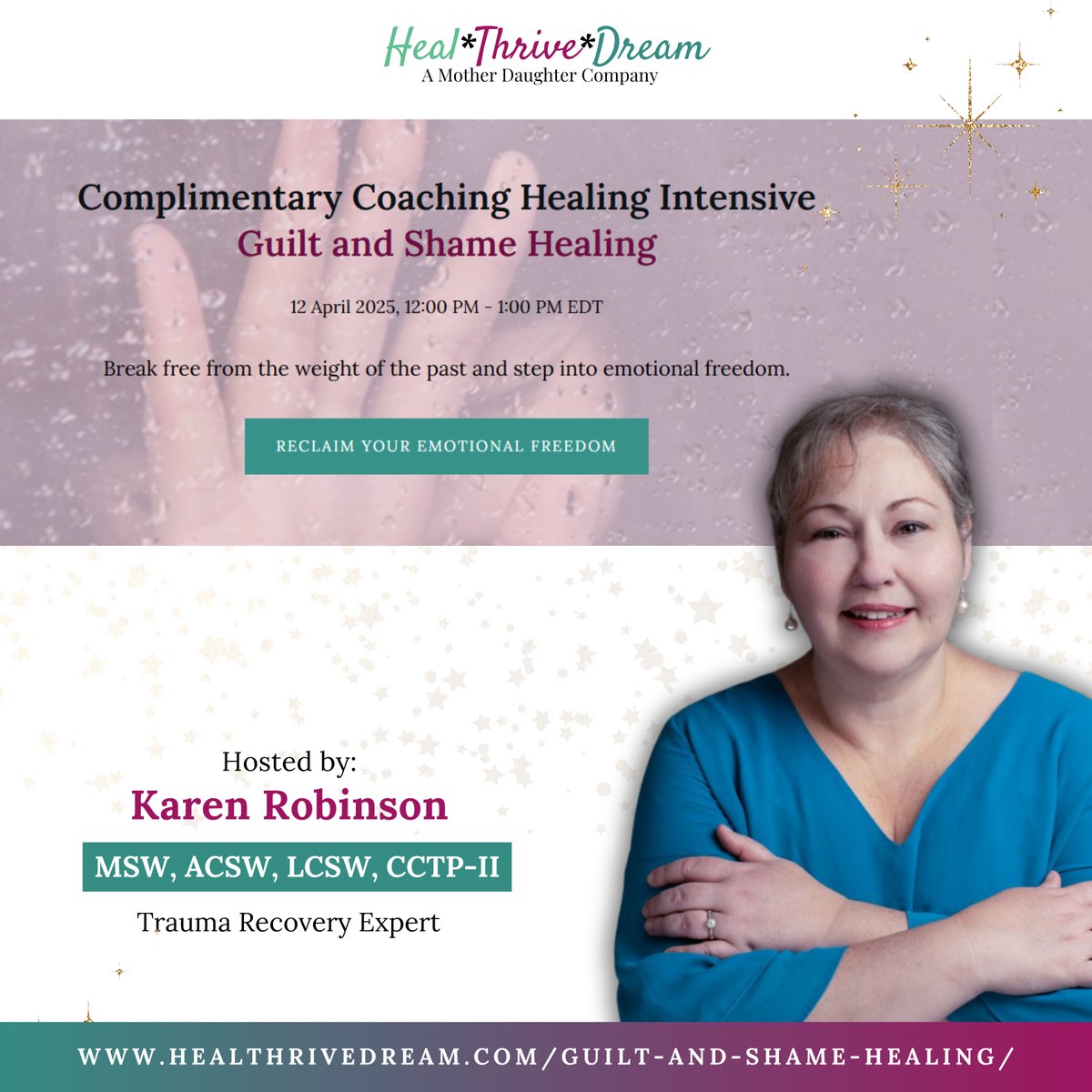 healthrivedream's tweet image. 📣 You’re Invited: Complimentary Healing Intensive
Saturday, April 12
🕛 12PM–1PM EDT
💻 Zoom
We'll explore how guilt and shame affect us—and how to gently let go and begin healing. 

👉healthrivedream.com/guilt-and-sham…
#GuiltAndShame #TraumaRecovery #KarenRobinson #HealThriveDream