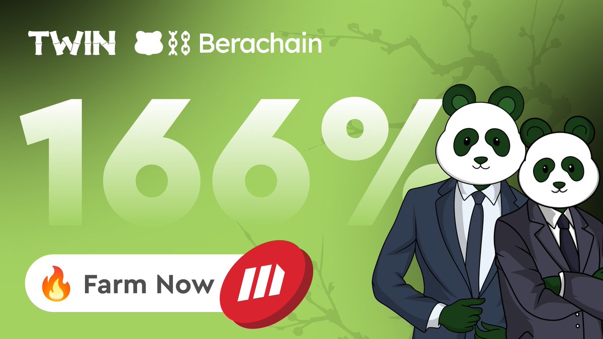 GIANT 166% APR on <a href="/berachain/">Berachain Foundation 🐻⛓</a> 🚨

You're Early = Massive Yield 🤑

400 $TWIN Points to 4x Winners 🥳

To Enter 🎟️ RT, Like &amp; Comment '#TWINFinance' 🐼🐼