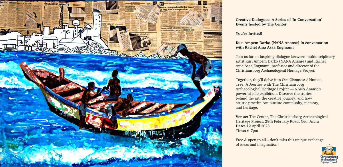 Creative Dialogues
You are invited!
Kusi Ampem Darko (NANA Ananse) talks about his latest solo exhibition at The Center!
#art #community #heritage #history #memory #ancestors #tradition #contemporary #sustainability #inclusivity
#equity  <a href="/ChristiansborgP/">Christiansborg Archaeological Heritage Project</a> <a href="/MellonFdn/">Mellon Foundation</a>
