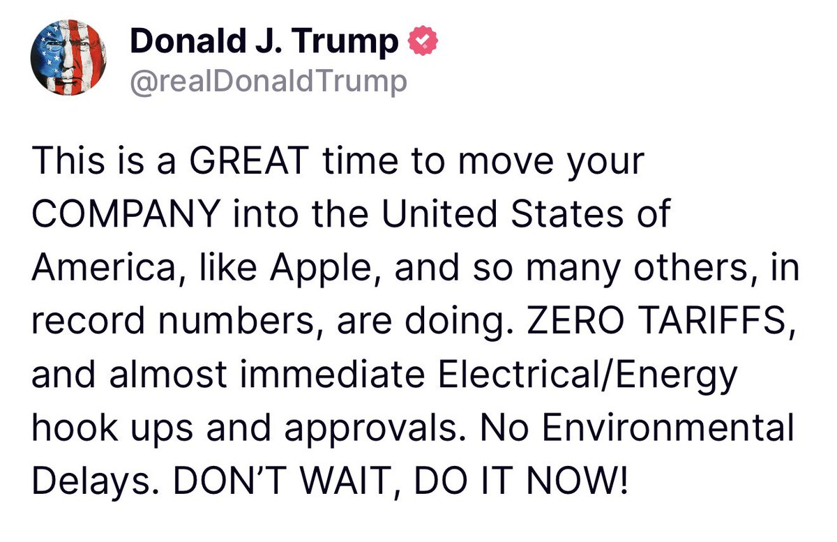 cb_doge's tweet photo. 🚨 BREAKING: President Trump said that this is a great time to move your company into the United States of America, like Apple, and so many others, in record numbers, are doing. https://t.co/T0uHiLZg7q
