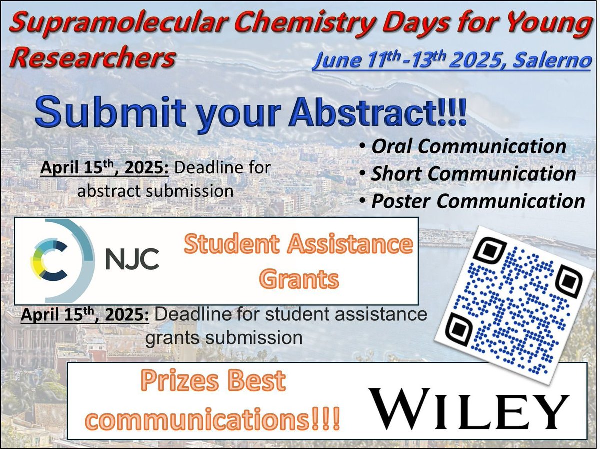 SupraChemDays25's tweet image. Reminder!
👉🏿 SupraChemDays for Young Researchers
June 11–13, 2025 | Salerno
Submit your abstract by April 15th! ✍️🧪
• Oral, Short, or Poster Communication 🎤📝🧫
Apply for NJC Student Assistance Grants 🎓💰
Prizes for Best Communications! 🏆
Scan the QR code & join us!