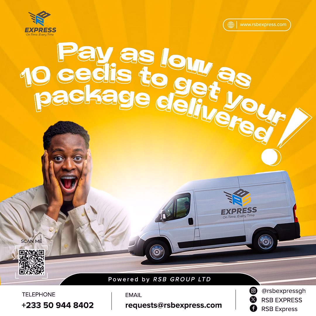 RSBexpressGH's tweet photo. RSB EXPRESS is OFFICIALLY LIVE 📦🛵

Vendors, your delivery plug has arrived.
From your door to your customer, for as low as GHC 10 🛵🥳#RSBExpress

We do same-day pickup &amp; Express delivery
@RSBExpressGh One time, every time.

📦🛵🔗: https://t.co/r6Q8y2cxsC https://t.co/85h81q9tKt