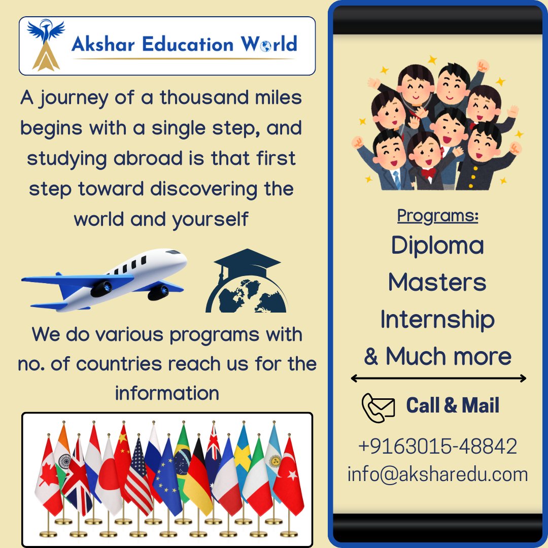 Akshareduworld's tweet photo. Study in Europe &amp; beyond!
Diplomas, Masters &amp; more in top destinations.
🌍 Start your global journey with Akshar Education World – 25+ years of trusted guidance.

📲 +91 63015-48842 | ✉️ info@aksharedu.com

#StudyAbroad #EuropeStudy #AksharEducationWorld #GlobalEducation https://t.co/XI5gC7Rcf2