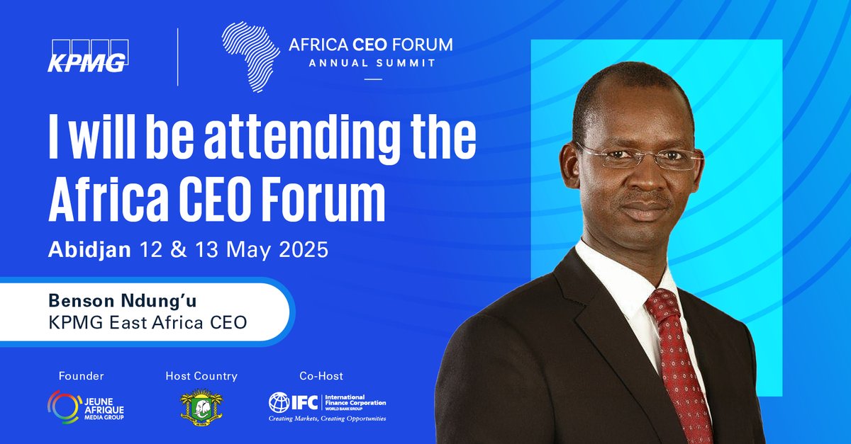 KPMGEastAfrica's tweet photo. We are #KPMGProud to be part of the @africaceoforum in Abidjan on 12 & 13 May 2025!
“Africa’s potential is limitless—let’s unlock new opportunities #together!” – Benson Ndung'u, CEO, KPMG East Africa.
#AfricaCEOFORUM #Abidjan https://t.co/9Ev9vsnLqz