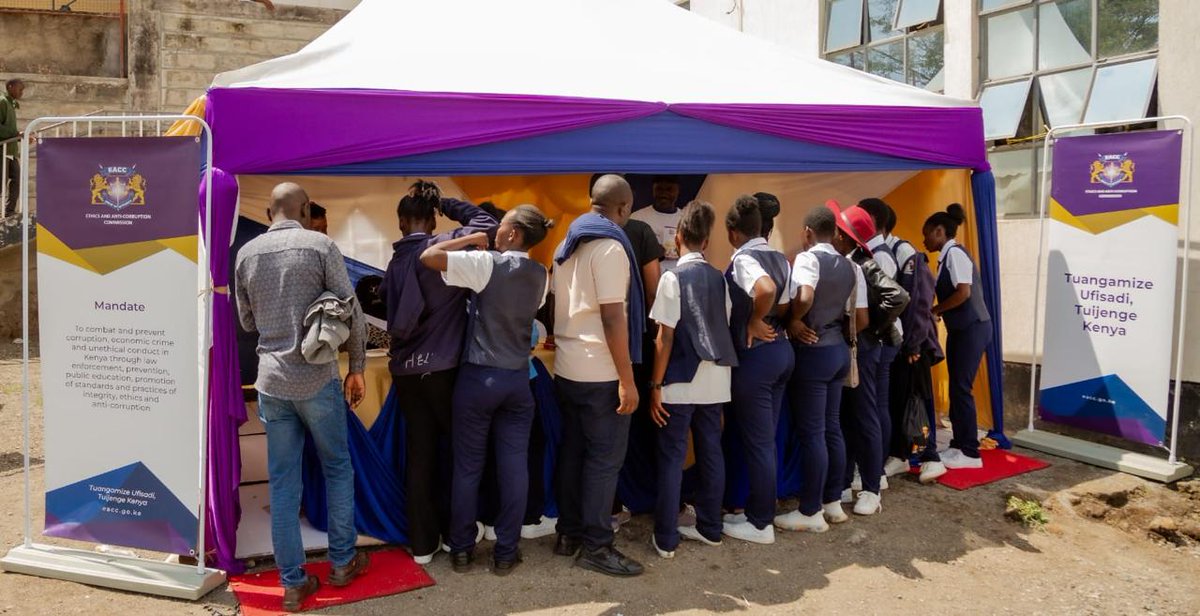 EACCKenya's tweet photo. As part of the ongoing efforts to raise awareness against corruption and educate the youth, the Ethics and Anti-Corruption Commission (EACC) is engaging learners  at the ongoing 63rd Kenya National Drama and Film Festival, taking place in Nakuru County. 

Students trooped in at the EACC booth to learn more about integrity, ethics, and their role in the fight against corruption.  

The Commission through its Department of Education and Public Awareness, engaged the learners and distributed various books and IEC materials.  

The sensitization aims at inculcating values among the learners as a way of enhancing responsible citizenship and promoting intolerance to corruption and unethical conduct.