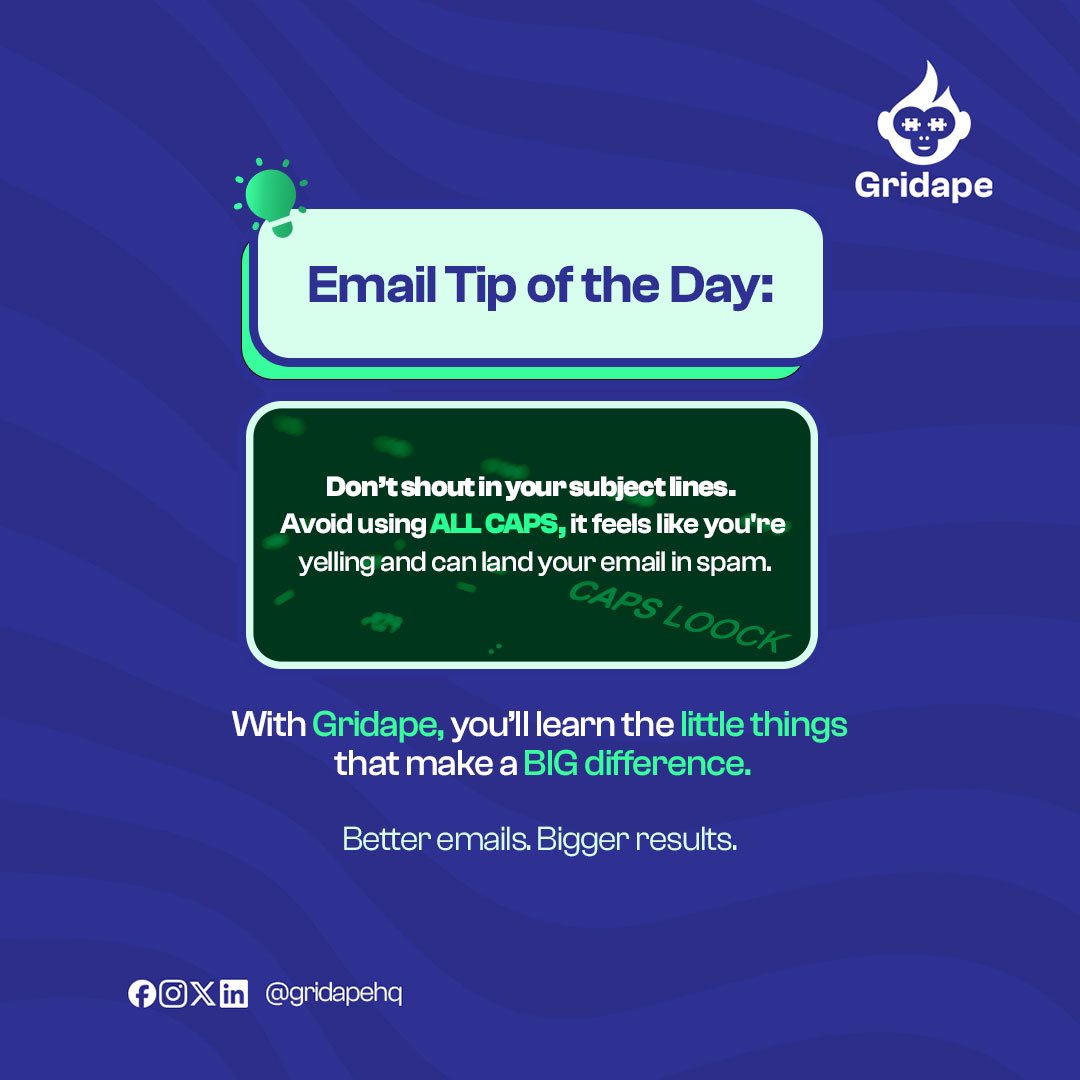 gridapehq's tweet photo. ALL CAPS in your subject line? Might as well yell “SPAM!”
GridApe helps you keep it clean and clickable.

#gridape #gridapehq #emailmarketing #email https://t.co/58FJWTOx6N