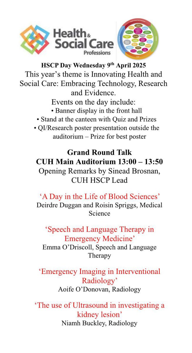 cuh_hscp's tweet image. Very exciting as our #HSCPDay2025 Grand Rounds Talks are kicking off in the @CUH_Cork Main Auditorium! 🎤📣
Make sure to come down and check out the fantastic health care innovation being done by our fabulous colleagues! 🙌🏻🙌🏻🎉🎉
@WeHSCPs