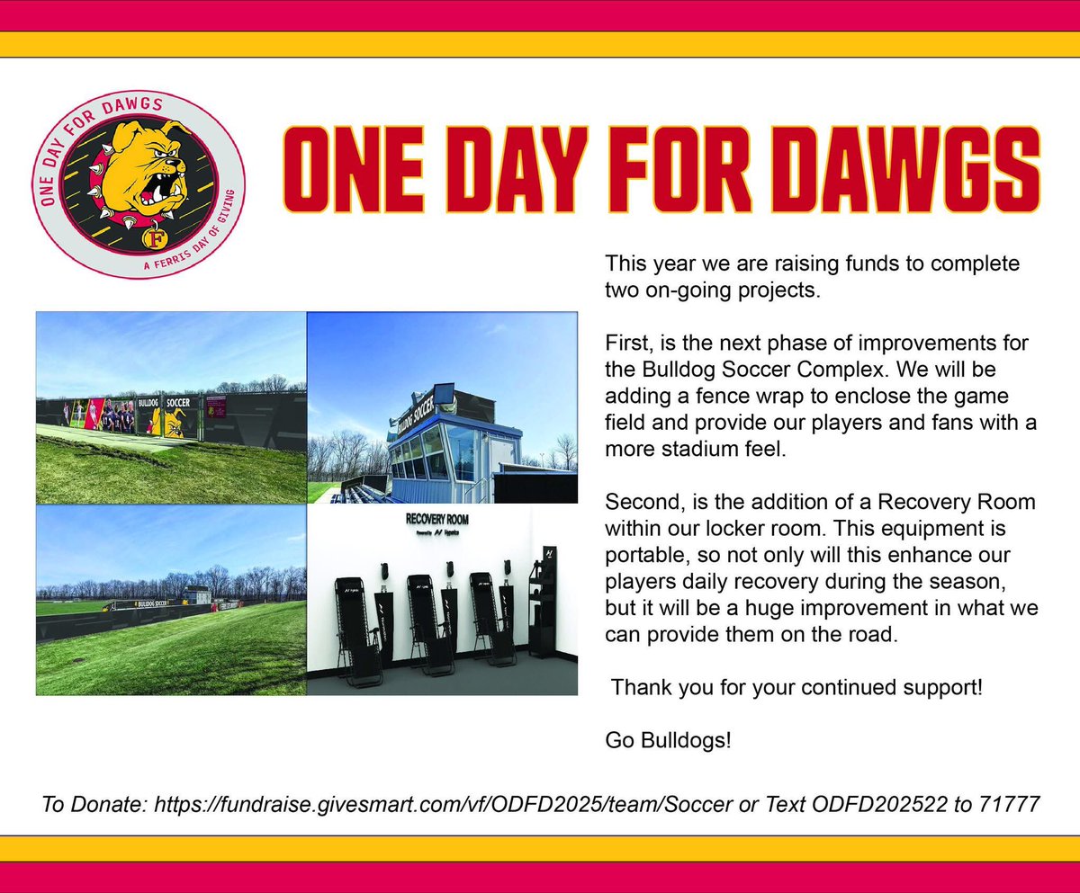 One Day For Dawgs!

This year we are raising funds to complete two on-going projects.

First, is adding a fence wrap as the next phase of improvements for the Bulldog Soccer Complex. Second, is the addition of a Recovery Room within our locker room.
 
🔗: fundraise.givesmart.com/vf/ODFD2025/te…