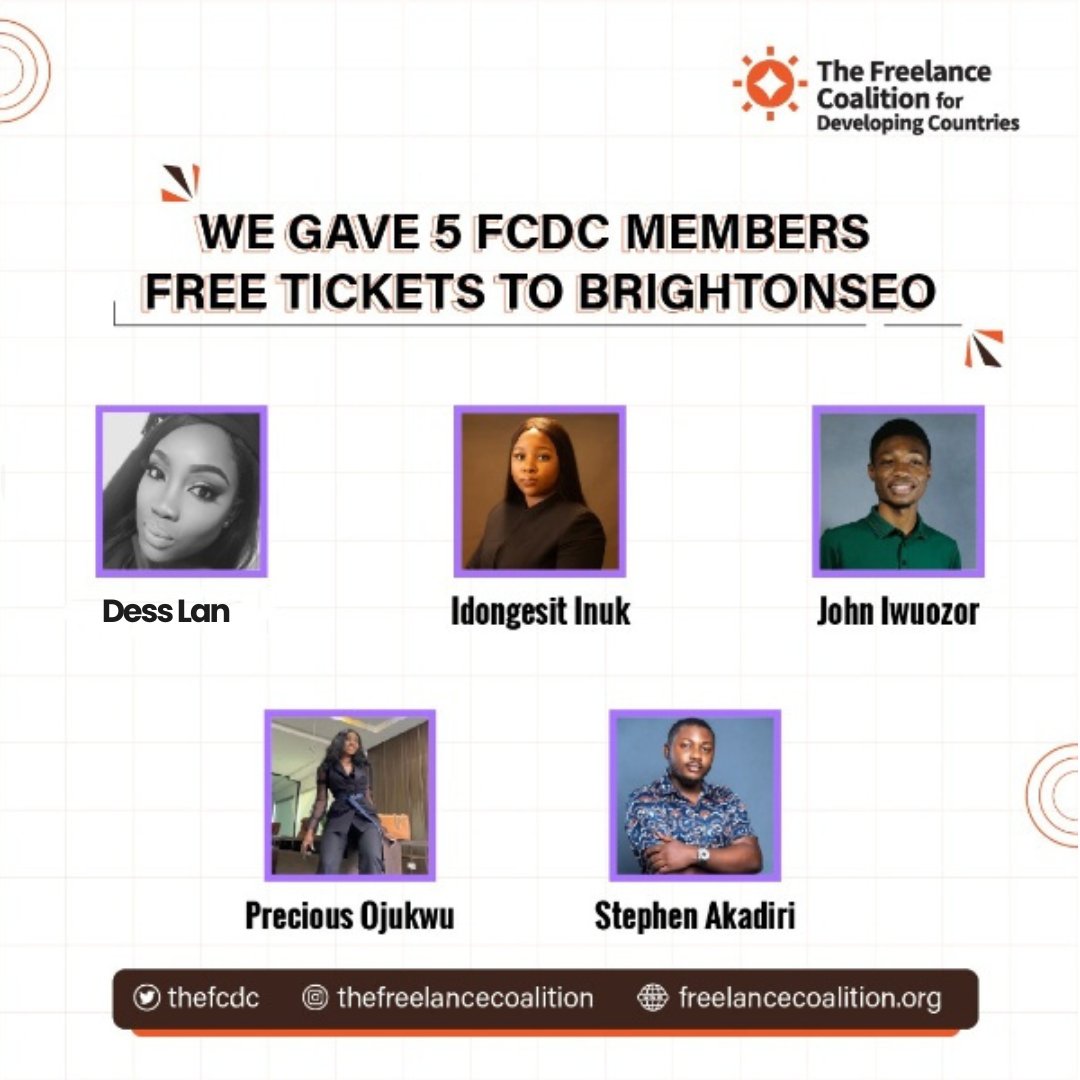 Freelance Coalition For Developing Countries (@thefcdc) on Twitter photo Thanks to <a href="/brightonseo/">brightonSEO</a>, we were able to give 5 free tickets to members of the FCDC community! 🧡
We're excited for them to learn and network at the event 💃🏿💃🏿 Thanks to <a href="/brightonseo/">brightonSEO</a>, we were able to give 5 free tickets to members of the FCDC community! 🧡
We're excited for them to learn and network at the event 💃🏿💃🏿