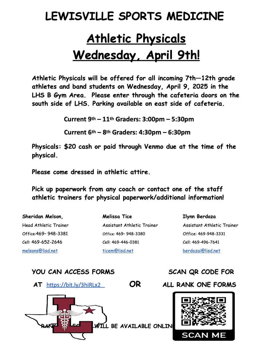 Today is the day!!! 
Athletic Physicals @ LHS  Start during 4th period. 
$20 CASH (or Venmo) 
*MUST HAVE MEDICAL HISTORY HARD COPY complete before starting the physical