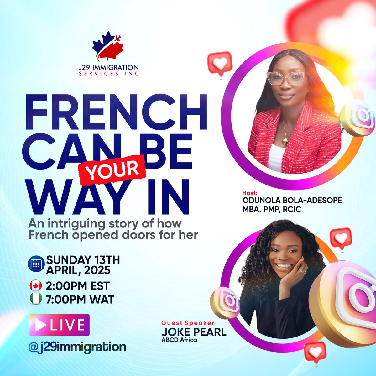 j29immigration's tweet photo. Language = Opportunity!
Find out how French became Joke Pearlβs secret weapon to immigrate to Canada.
Join us LIVE this Sunday, April 13
2PM EST | 7PM WAT
on IG: @j29immigration
#MoveToCanada #Immigration #French #Canada #japa #j29immigration #canada
@Jokepearrll https://t.co/VNXQ18ckIr