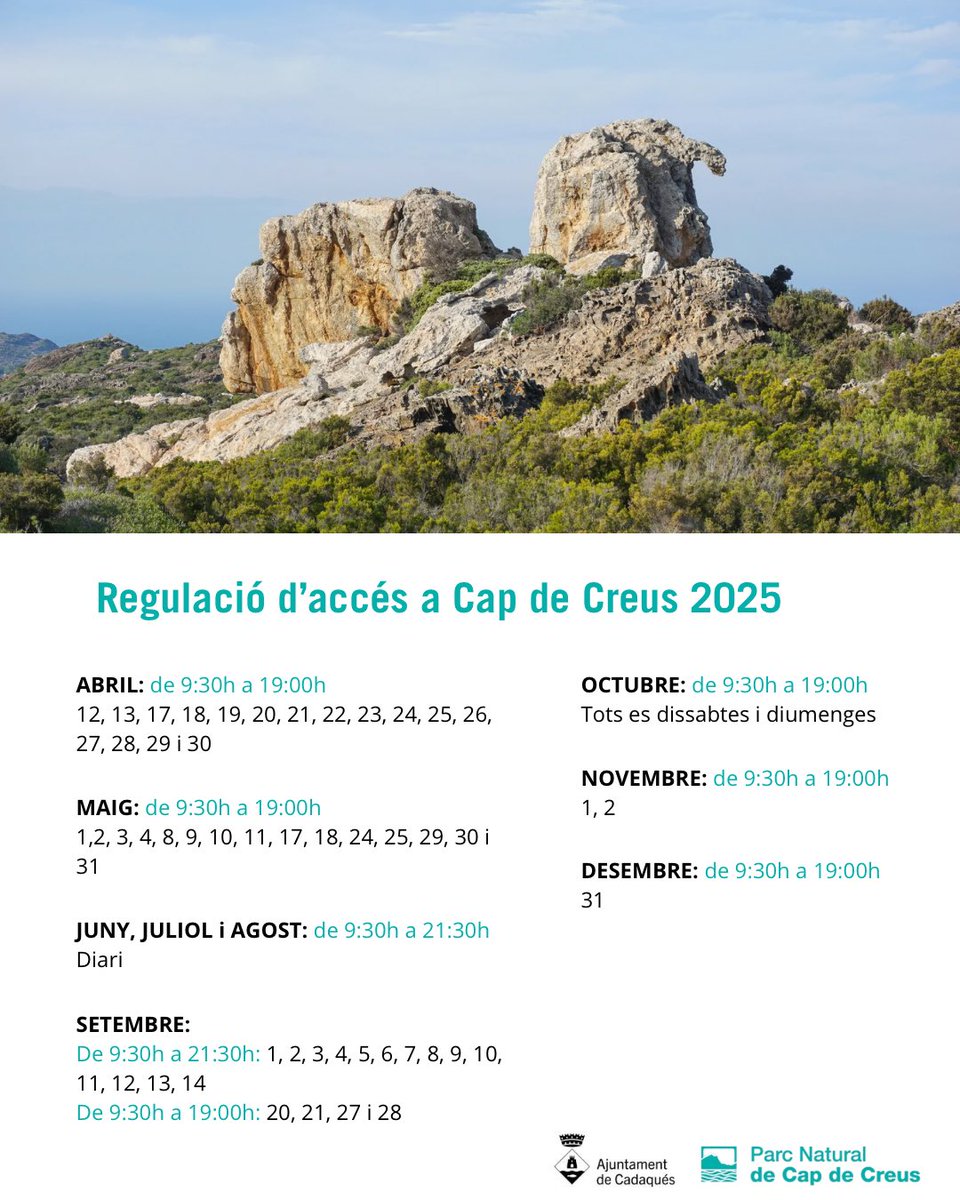 AjCadaques's tweet photo. 📢 Regulació d’accés a Cap de Creus 2025

‼️ Dates que no es permet l’accés amb vehicle motoritzat per la carretera de Cadaqués i es Far de Cap de Creus. L’accés a peu i en bicicleta és obert com sempre, dins de ses itineraris senyalitzats.

https://t.co/uewsVbY5Bn https://t.co/ESRoPZfPBd