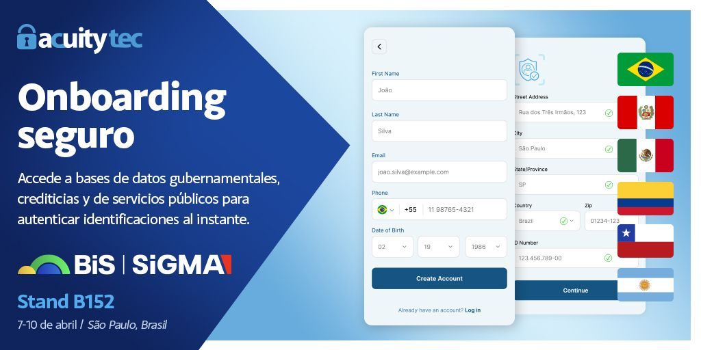 Acuitytec_ES's tweet photo. Comienza el #SecureOnboarding hoy 👉 https://t.co/7UitLATyhV
Accede a datos en tiempo real de fuentes crediticias, gubernamentales y de servicios públicos en #LATAM para verificar jugadores al instante.
📍 Visítanos en el Stand B152 – #SiGMAAmericas
#iGaming #KYC #AML https://t.co/gjP6S0SYfk