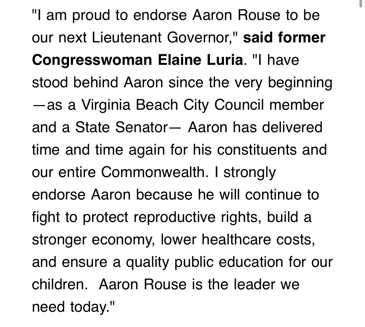 Former congresswoman from VA-02 Elaine Luria is endorsing Aaron Rouse for LG