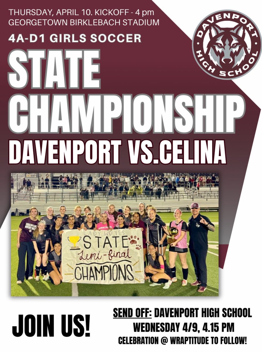 Davenport Girls Soccer (@dhs_gsoccer) on Twitter photo State Championship Bound.
Discipline. Effort. Belief.
BTP!
<a href="/jdzimmerhanzel/">JD Zimmerhanzel</a> <a href="/taylour_to5o/">Taylour Toso</a> <a href="/dhs_looney/">Angela Looney</a> <a href="/jeffstracener/">Jeff Stracener</a> <a href="/cisdnews/">Comal ISD</a> <a href="/DavenportWolves/">DHS Wolves Athletics</a> <a href="/sanantoniohss/">San Antonio High School Sports</a> <a href="/Soy_SAF/">SOY SAN ANTONIO FÚTB⚽️L</a> <a href="/6a_28/">SA High School & Club Soccer</a> <a href="/50_50Pod/">The 50/50 Podcast ⚽️🎙</a> <a href="/LethalSoccer/">Coach Duque</a> <a href="/dhs_wolvescheer/">Davenport HS Cheer & Mascot</a> <a href="/hinojosa_david/">David Hinojosa</a> <a href="/MrBowtie1982/">Mr. Bowtie's Texas High School Sports Machine</a> State Championship Bound.
Discipline. Effort. Belief.
BTP!
<a href="/jdzimmerhanzel/">JD Zimmerhanzel</a> <a href="/taylour_to5o/">Taylour Toso</a> <a href="/dhs_looney/">Angela Looney</a> <a href="/jeffstracener/">Jeff Stracener</a> <a href="/cisdnews/">Comal ISD</a> <a href="/DavenportWolves/">DHS Wolves Athletics</a> <a href="/sanantoniohss/">San Antonio High School Sports</a> <a href="/Soy_SAF/">SOY SAN ANTONIO FÚTB⚽️L</a> <a href="/6a_28/">SA High School & Club Soccer</a> <a href="/50_50Pod/">The 50/50 Podcast ⚽️🎙</a> <a href="/LethalSoccer/">Coach Duque</a> <a href="/dhs_wolvescheer/">Davenport HS Cheer & Mascot</a> <a href="/hinojosa_david/">David Hinojosa</a> <a href="/MrBowtie1982/">Mr. Bowtie's Texas High School Sports Machine</a>