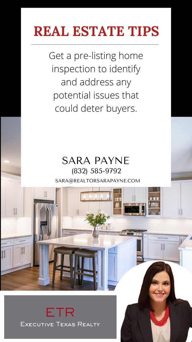 RealtorSaraPay1's tweet photo. Getting a pre-listing inspection will help you know any items that may pop up for a buyer.  Fixing items before listing, or anticipating them during negotiations with a buyer, will make you more prepared and less stressed during the selling process.

#RealtorSaraPayne #ETR https://t.co/fZHsBIvQ0I