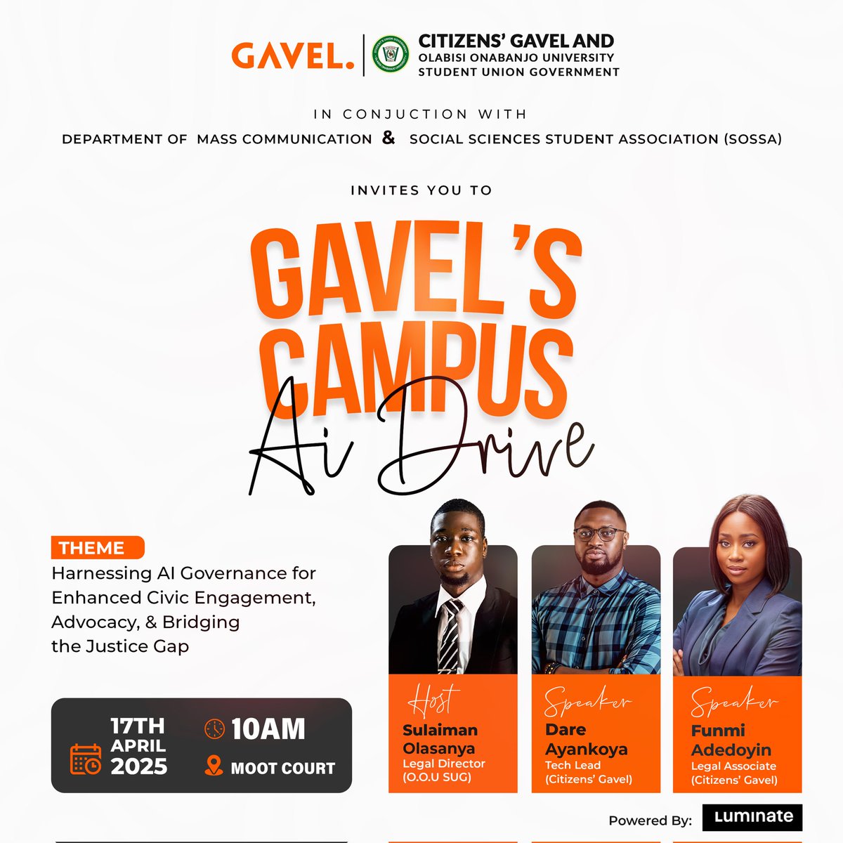 You asked, we answered!🤗

We cordially invite all OOU students and staff to join us for an engaging discussion on how to make the most of AI for advocacy, civic engagement, and justice at this time.

📆 : Thursday, 17th April.
📍 : Moot Court, OOU.
🕙 : 10 AM.

📌ENTRY IS FREE!