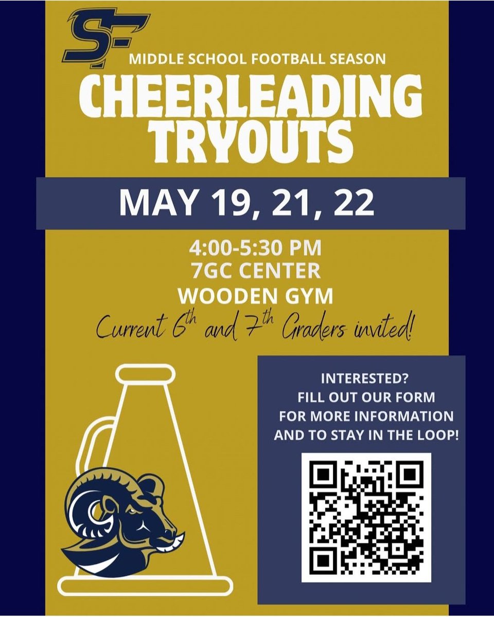 Have a child interested in cheering for SF in the fall? Check out the info below for MS and HS cheer tryouts. Be sure to follow SF cheer on IG as well! springfordcheerleading