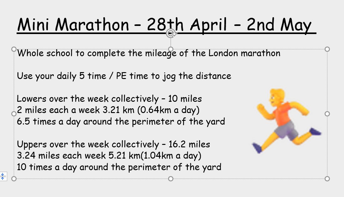 Good luck to any parents / guardians taking part in the London Marathon in a few weeks time. We will be taking part collaboratively the following week. #healthyconfidentindividuals