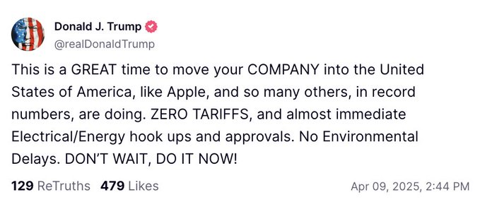 juvoxy's tweet photo. 🔥 "Move Your Company to the USA NOW!" – #Trump’s Bold Call to Global Businesses 🇺🇸

Trump urges businesses to relocate to the #US, promising:

✅ ZERO #tariffs
⚡ Instant energy access
📄 Fast - tracked permits
❌ No environmental delays

“#Apple is doing it. Many others too. Don’t wait. DO IT NOW!”

A major shift for global markets?

#USA