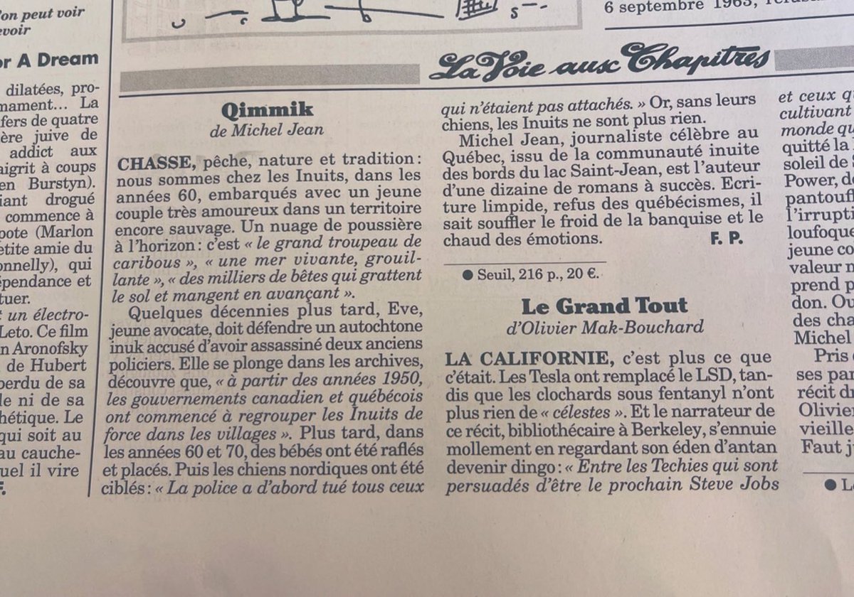 micheljean5's tweet photo. « Écriture limpide, refus des québécismes, il fait souffler le froid de la banquise et le chaud des émotions » un grand tshinishkumitin pour les bons mots @canardenchaine 🧡 Maintenant il me reste à expliquer aux français la différence entre Innu et Inuk 😊 #Qimmik #Inuk #Innu https://t.co/8h6bUCVAfX