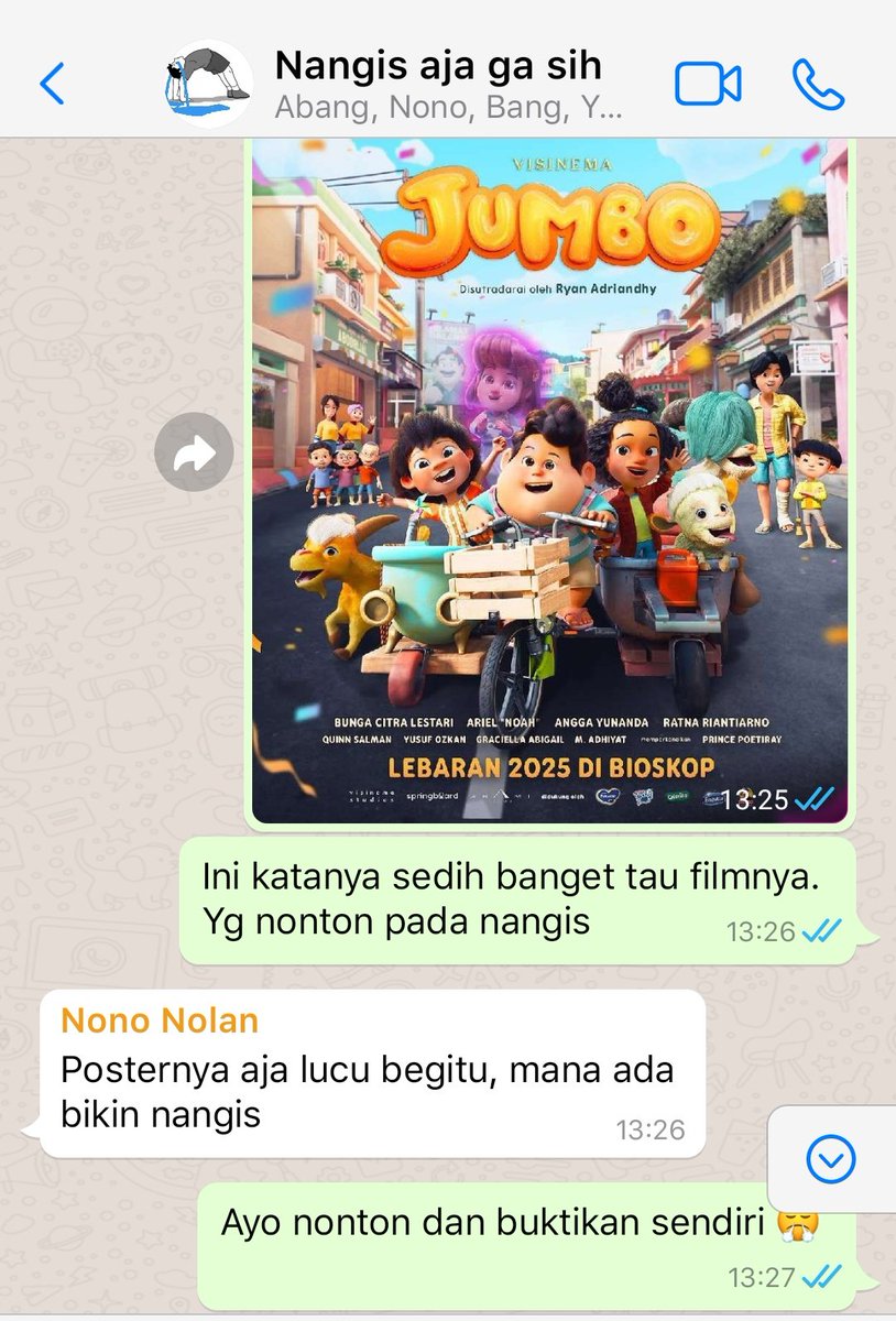 Yellooowme's tweet photo. #wijayafams edisi nonton Jumbo
"Kalau Nolan nangis, nanti kita ketawain aja."

1/3 https://t.co/DPzd3ZrK1Z