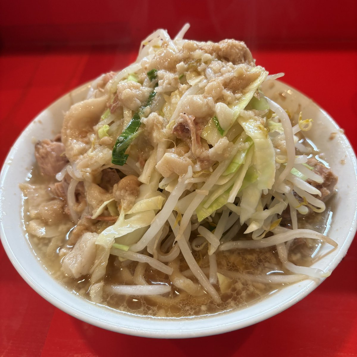 今日は一か月ぶりの府中二郎さんに訪問しました！かなり麺が細くなっていた気がしました！

誰かわかる方はコメントいただけると嬉しいです！🙏🙏

いつもと違いましたが、これはこれで美味しい😋🤤直系二郎の麺ってどこも美味しい、、またきます！！

#ラーメン二郎
＃ラーメン二郎府中店
#二郎