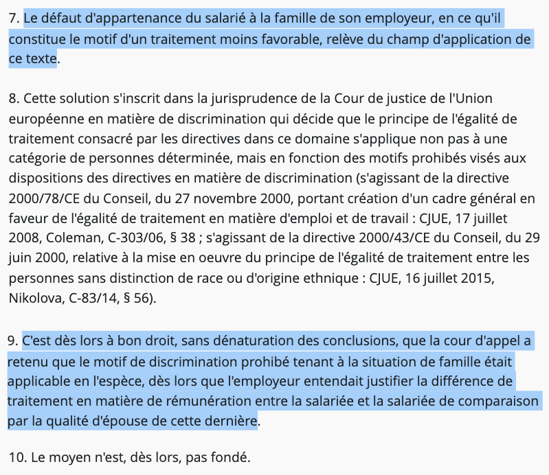 Nicolas Hervieu (@n_hervieu) on Twitter photo Discrimination salariale : La <a href="/Courdecassation/">Cour de cassation</a> juge que ne pas appartenir à la famille de l'employeur est un motif discriminatoire.
Ici, l'employeur était député & justifiait le salaire (plus élevé) d'une collaboratrice parlementaire par le fait qu'elle était... son épouse ! Discrimination salariale : La <a href="/Courdecassation/">Cour de cassation</a> juge que ne pas appartenir à la famille de l'employeur est un motif discriminatoire.
Ici, l'employeur était député & justifiait le salaire (plus élevé) d'une collaboratrice parlementaire par le fait qu'elle était... son épouse !