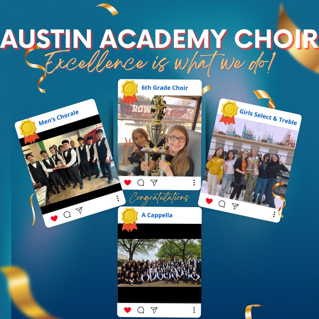 AAEChoir's tweet photo. 6th grade Choir, Men’s Chorale, Girls Select &amp; Treble, &amp; A Cappella ALL came home with superior trophies!! Excellence is happening for ALL STUDENTS in the AAE Choir Room💯 
#choir 
#music 
#GarlandUSA 
#choirlife
#austinacademy
#aaechoir
#austinchoir https://t.co/vNLwHQg5nP