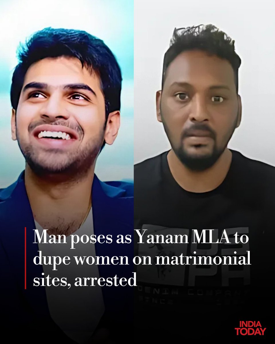 IndiaToday's tweet photo. A man from Andhra Pradesh was arrested for posing as Yanam MLA Gollapally Srinivas Ashok on matrimonial sites and social media, using fake profiles to deceive and cheat women with false marriage proposals.

Read: https://t.co/Vz7U0JYfSf

#Yanam #Matrimonial #ITcard https://t.co/H2LvpOfSsf