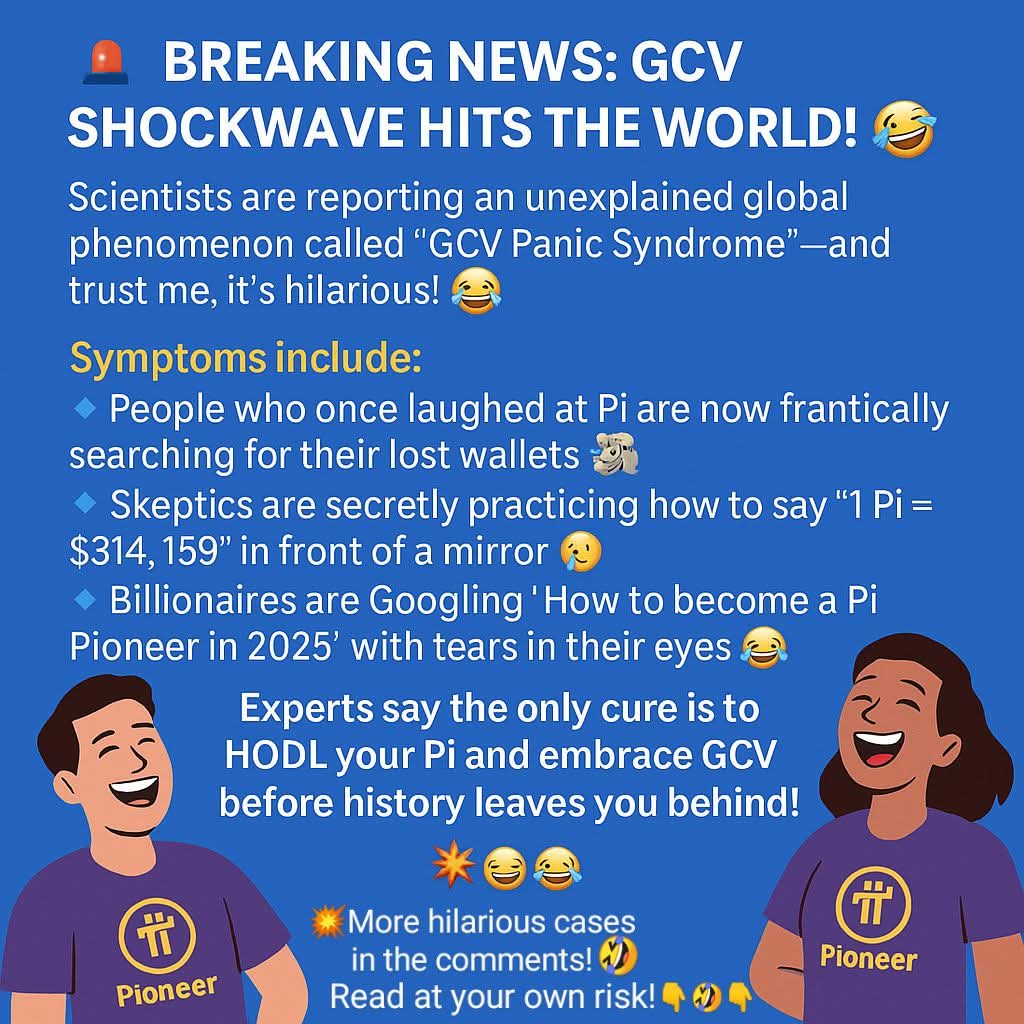 dannamviet's tweet photo. BREAKING NEWS: GCV Shockwave Shakes the World!

Scientists are reporting an unexplained global phenomenon called "GCV Panic Syndrome" — and trust me, it’s absolutely hilarious!

Symptoms include:

People who once laughed at Pi are now frantically searching for their lost wallets.

Skeptics are secretly practicing how to say: "1 Pi = $314,159" in front of a mirror.

Billionaires are Googling: "How to become a Pi Pioneer in 2025" with tears in their eyes.

Experts say:
The only cure is to HODL your Pi tightly and embrace GCV before history leaves you behind!

Boom – Laughs – Unbelievable!
Check out more hilarious cases in the comments!
(Read at your own risk — extreme laughter alert!)