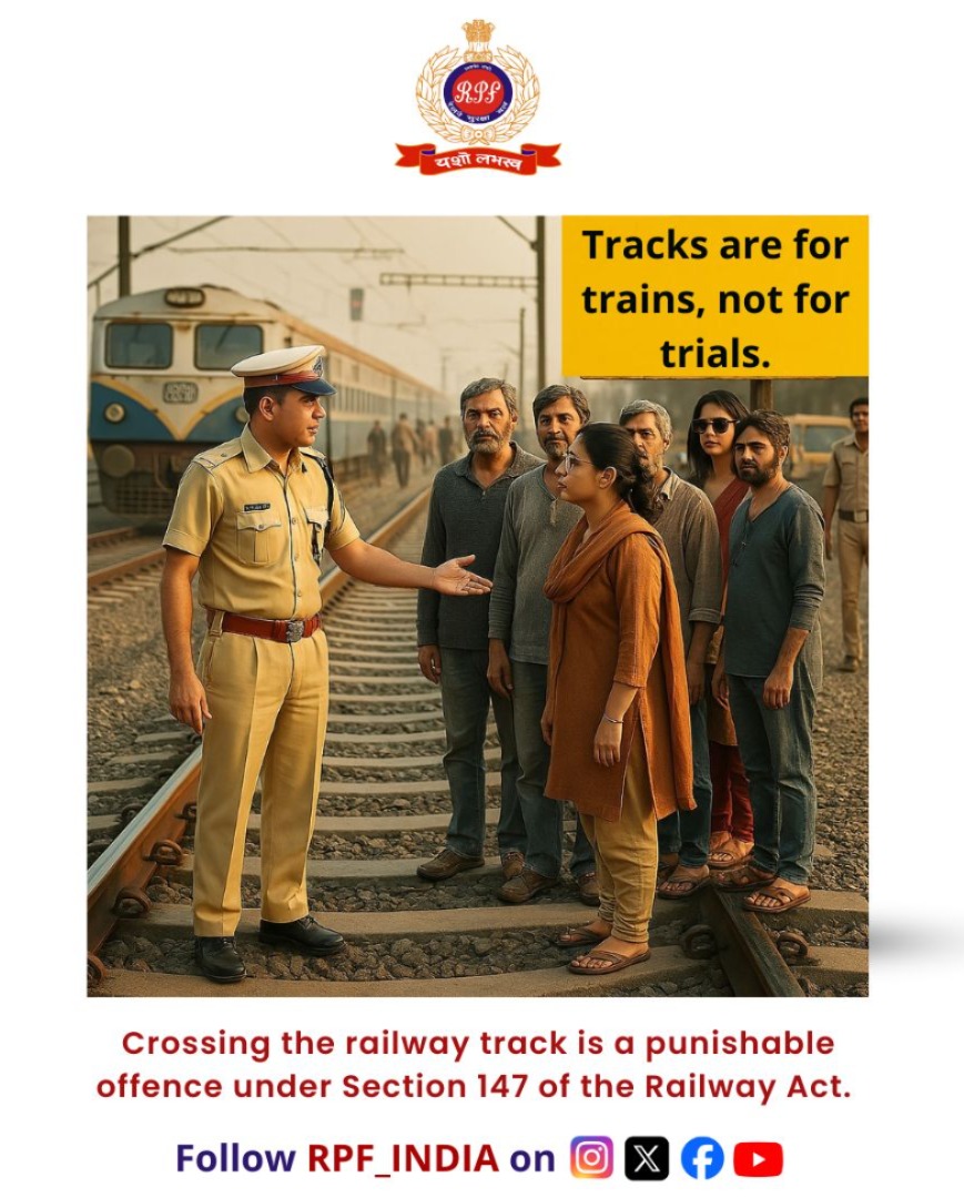 RPF_INDIA's tweet photo. Tracks are not shortcuts, they’re danger zones.
Always use foot overbridges or subways for your safety.
#PublicAwareness #DoNotCrossTracks @RailMinIndia https://t.co/GwTbxUirrL