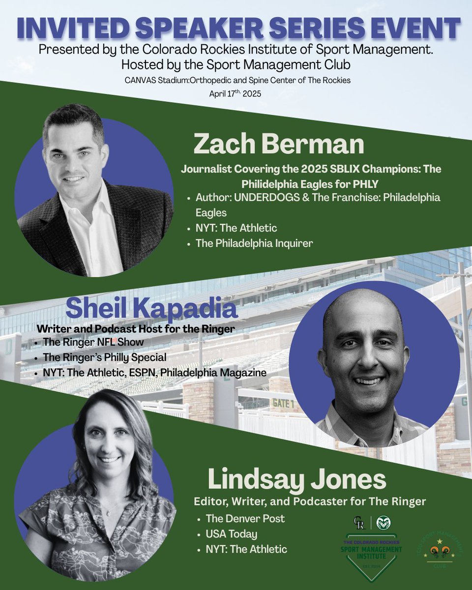 ZBerm's tweet photo. Next week at Colorado State University...

I'm looking forward to joining @SheilKapadia and @bylindsayhjones for the Speaker Series at Colorado Rockies Institute of Sport Management.

If you live near Fort Collins, please join us at CANVAS Stadium: https://t.co/Qik5lGgIfI