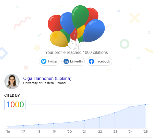 olgahannonen's tweet photo. I’ve just hit 1000 citations on #GoogleScholar!
Thanks to everyone who has read, cited, and engaged with my work - I will keep on producing meaningful research that pushes the boundaries of knowledge!
#ResearchImpact #AcademicMilestone #Citations #AcademicInfluence @UEF_Business https://t.co/mrJzHkgFpI