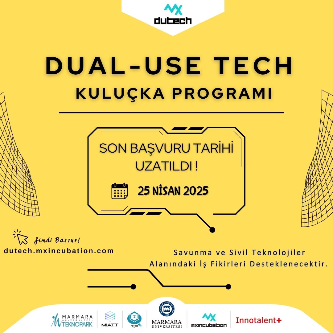 📢 Dual-Use Tech Kuluçka Programı Başvuruları Uzatıldı! 🚀
 
 📅Son Başvuru Tarihi: 25 Nisan 2025
 📍Detaylar &amp; Başvuru: dutech.mxincubation.com
 
 #DualUseTech #Teknoloji #Girişimcilik #SavunmaSanayii #İnovasyon #Networking