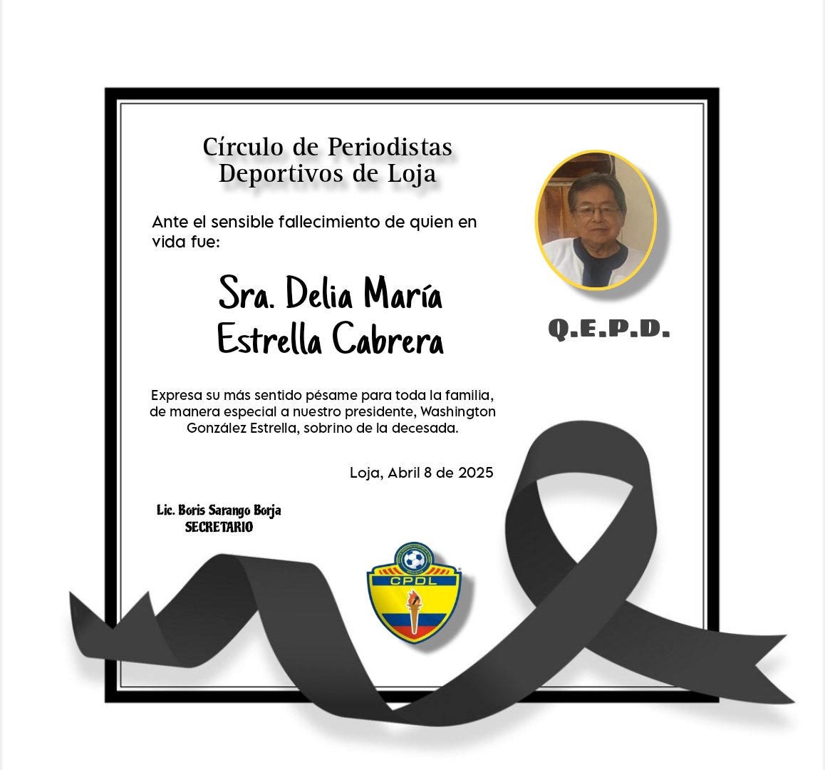 CPDLoja's tweet photo. Sentido pésame para toda la familia Estrella Cabrera, en especial al presidente Lic. Washington González Estrella, sobrino de la decesada. Paz en su tumba recién abierta. @washingtonEGE @Radiogzplus @UVDsport @primereporte @CronicaLoja @LAGRANFUSION ⬇️⬇️ https://t.co/cjakweOPPs