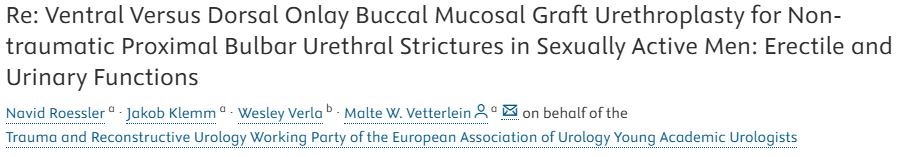 Wesley Verla (@wesley_verla) on Twitter photo 📡Check out our words of wisdom on ventral versus dorsal onlay buccal mucosa graft urethroplasty for bulbar urethral strictures, published in <a href="/EUplatinum/">European Urology</a> : europeanurology.com/article/S0302-…
💡 Still a lot be learned from our DoVe trial (NCT04551417); DM if you want to join! <a href="/EAU_YAURecon/">EAU YAU: Trauma & Reconstructive Urology</a> 📡Check out our words of wisdom on ventral versus dorsal onlay buccal mucosa graft urethroplasty for bulbar urethral strictures, published in <a href="/EUplatinum/">European Urology</a> : europeanurology.com/article/S0302-…
💡 Still a lot be learned from our DoVe trial (NCT04551417); DM if you want to join! <a href="/EAU_YAURecon/">EAU YAU: Trauma & Reconstructive Urology</a>