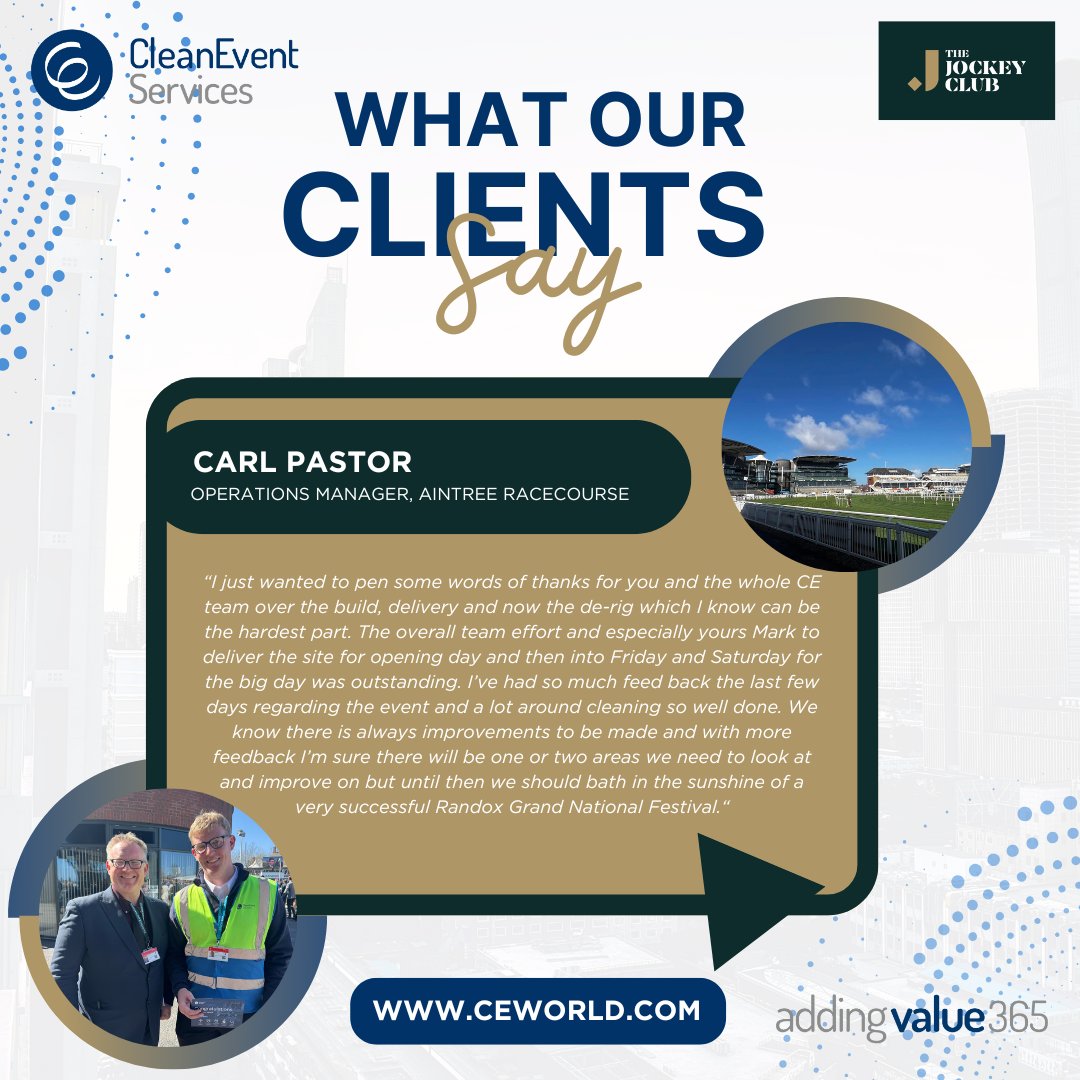 _CEworld's tweet image. We were delighted to receive this fantastic feedback from our client following the @RandoxOfficial Grand National at @AintreeRaces - a huge well done to Mark Dulson and the team for going above and beyond to help deliver such a successful event!

#CleaningServices #AddingValue365
