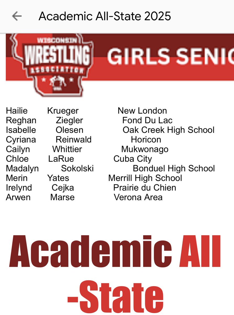 reghan_ziegler's tweet photo. I am proud to announce I was named to the academic all state 1st team for  girls wrestling. #scholarathlete @Velocity_GB @ClarissaChun @BadgerHealy @msoe_softball @KristinaMcSwee6 @SoftballViterbo https://t.co/iRoVMRxfeh