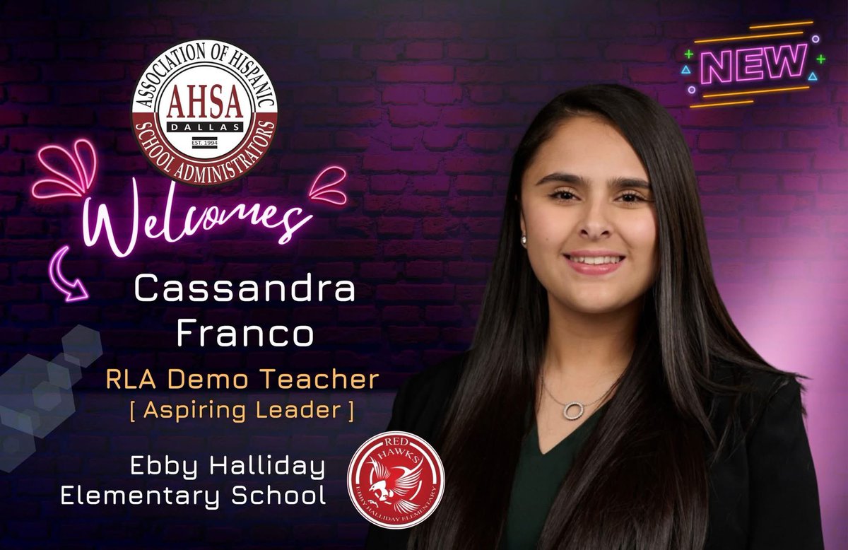 ahsadallas's tweet image. AHSA welcomes Cassandra Franco, RLA Demo Teacher and rising star at Ebby Halliday Elementary School! We are excited to soar with you to great heights. Let's go, Hawks! #inthemaking #goaldigging