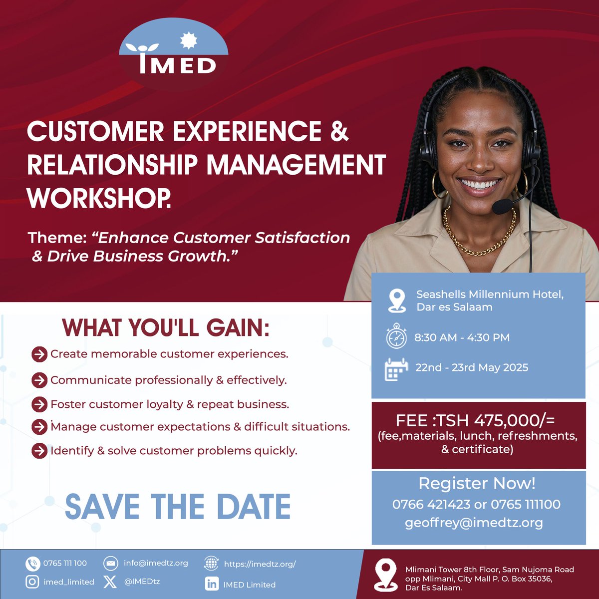 IMEDtz's tweet photo. Elevate your customer experience!Join our 2-days workshop on Customer Experience &amp; Relationship Management! Gain practical skills to enhance satisfaction, strengthen relationships &amp; boost value.

📅 May 22-23, 2025
📍 Seashell Millennium Hotel, Dar es Salaam https://t.co/n3BsYPV3Bu