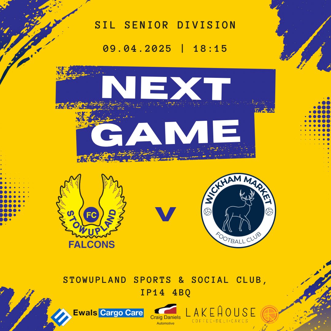 StowFalcons's tweet photo. Admin is struggling to keep up but it turns out there’s another midweek game this evening for our 1st team as they host Wickham Market at the Sports and Social Club 😅 #SFFC 🟡🔵 https://t.co/6eMFWZ5BIt