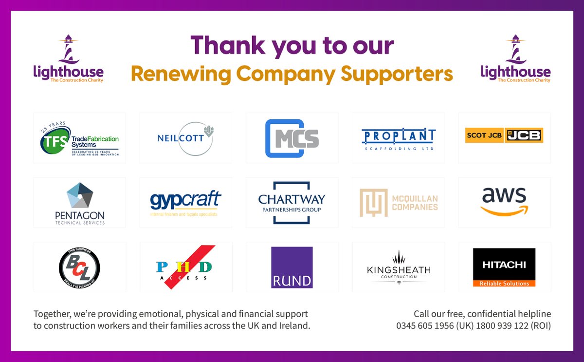A huge thank you to the following companies for their continued support, enabling us to make a meaningful difference to the lives of #construction workers and their families.