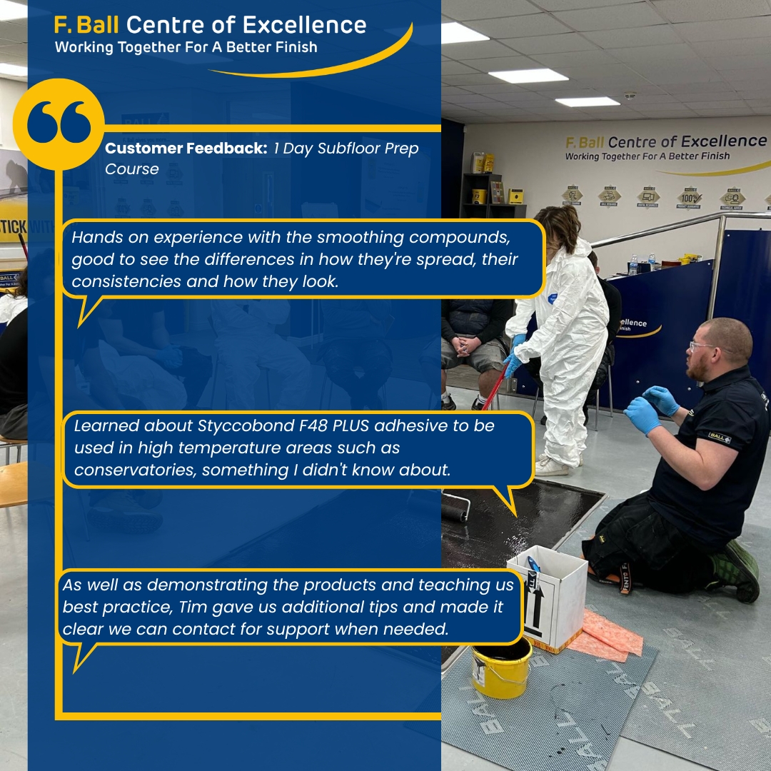 FBallUK's tweet image. Last month we saw many successful training courses take place in the F. Ball Centre of Excellence.

We're proud to share some positive feedback from our 1 Day Subfloor Preparation Course.

For more info, please visit ➡️ ow.ly/OjCG50VsiOp

#trainingcourse #subfloorprep