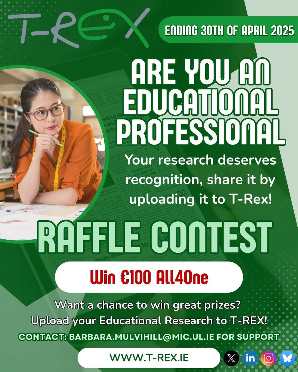 T-REX (@educationtrex) on Twitter photo 🎓 Calling all educators!
Your research can change education; don’t let it go unseen! Upload your educational research to T-REX.ie & enter to win €100 All4One! Deadline: April 30, 2025.
📩 Need help? bit.ly/4hVGorU or email barbara.mulvihill@mic.ul.ie 🎓 Calling all educators!
Your research can change education; don’t let it go unseen! Upload your educational research to T-REX.ie & enter to win €100 All4One! Deadline: April 30, 2025.
📩 Need help? bit.ly/4hVGorU or email barbara.mulvihill@mic.ul.ie