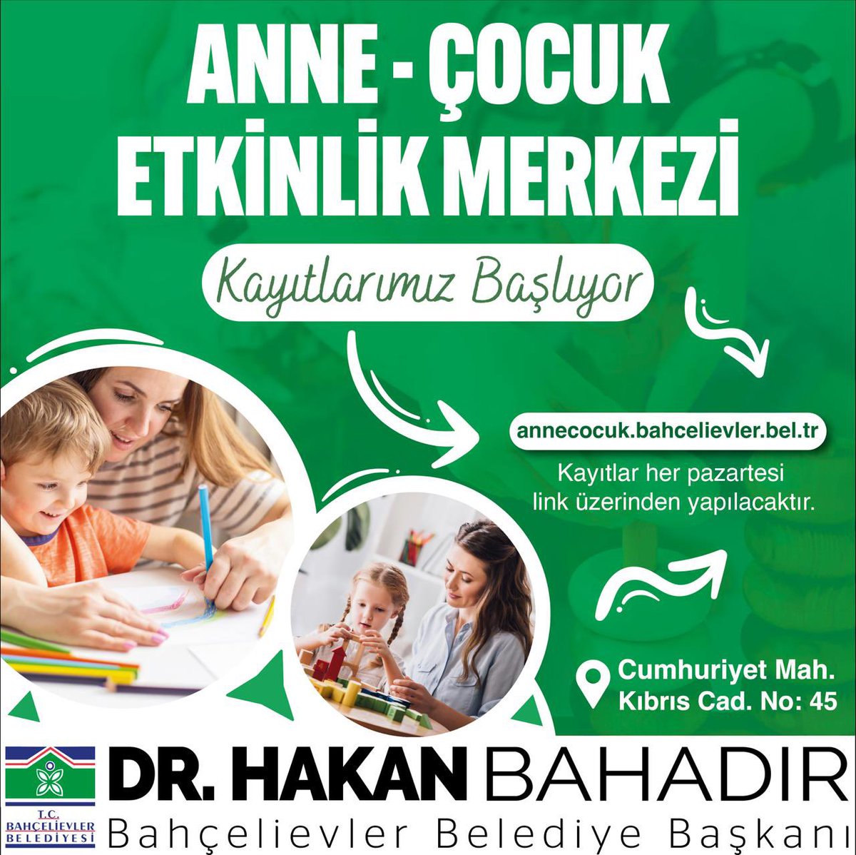 Anneler ile çocuklarımızın keyifli vakit geçireceği Anne - Çocuk Etkinlik Merkezimizin kayıtları başlıyor!

Her pazartesi link üzerinden kayıt olabilirsiniz!
📲 annecocuk.bahcelievler.bel.tr

📍 Adres: Cumhuriyet Mah. Kıbrıs Cad. No: 45

#BahçelievlerBelediyesi