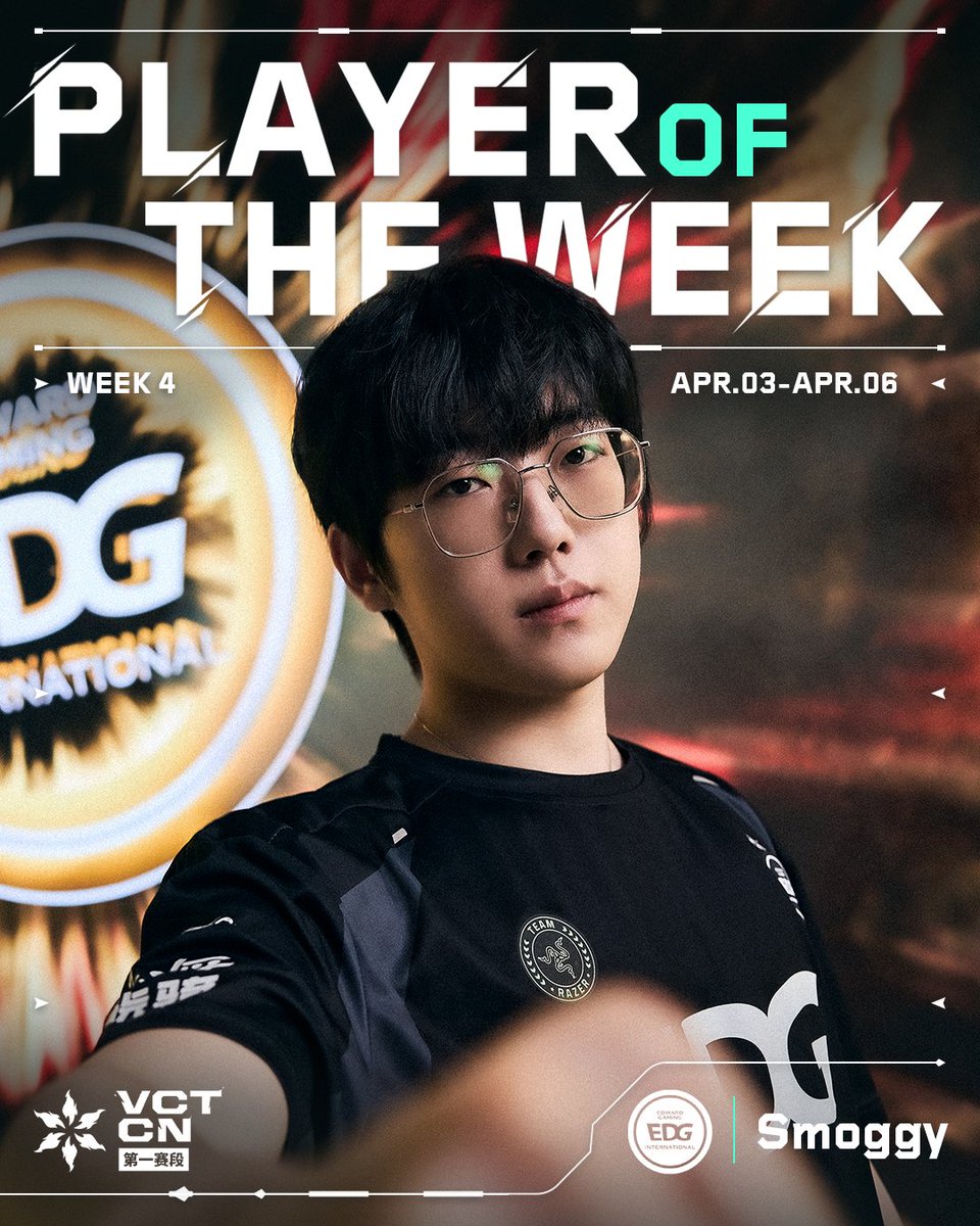 valesports_cn's tweet photo. PLAYER OF THE WEEK | VCT CN Stage 1

EDG @SmoggyO_o repeatedly held his ground under pressure in clutch situations during the decider map Haven of this week's match against TEC, playing a crucial role in helping his team secure a reverse-sweep victory in Week 4!
Also, shoutout to @vo0kashu for securing the runner-up position. Looking forward to more intense matches in the upcoming week 5! #VCTCN